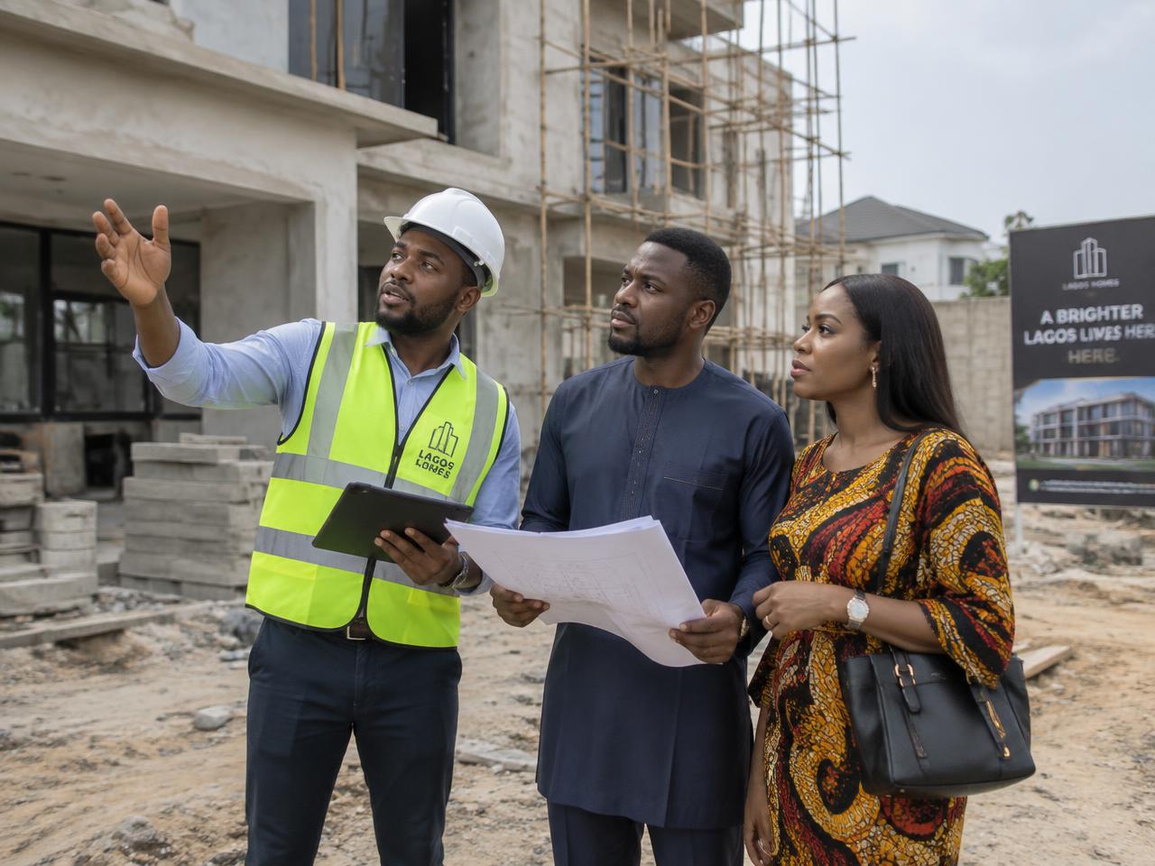 A property consultant showing a couple a house under construction in Lagos