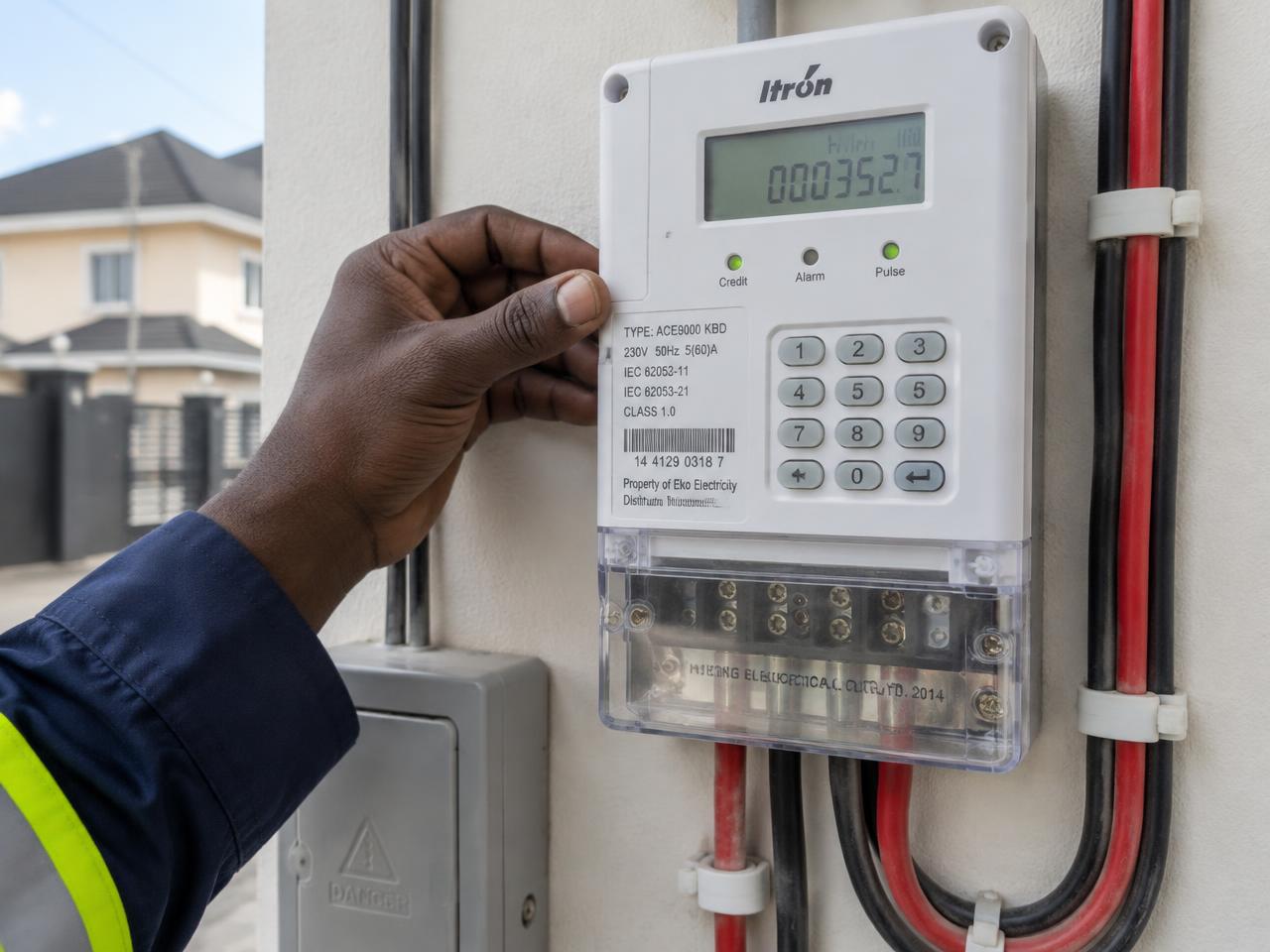 A technician configuring a prepaid electricity meter at a Nigerian estate