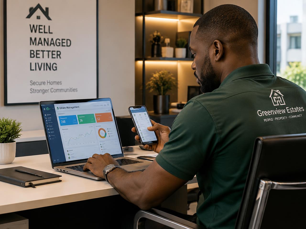 An estate facility manager reviewing property operations on a laptop and phone